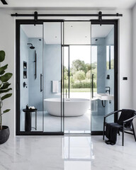 Serene Minimalist Patio and Multi-functional Bathroom with Sliding Doors Gen AI - 729735447