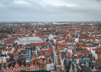 Obraz premium Beautiful aerial city skyline of the village building architecture in Bruges Flanders Belgium on a cloudy day