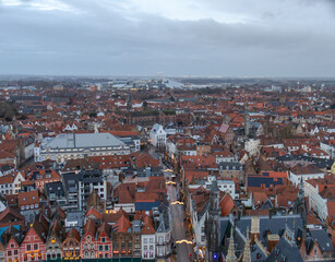 Beautiful aerial city skyline of the village building architecture in Bruges Flanders Belgium on a cloudy day