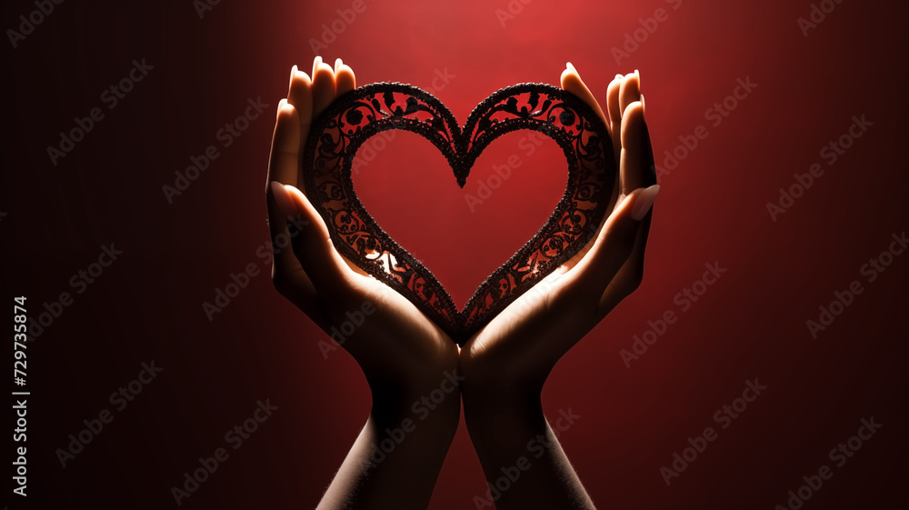 Poster hands holding a heart shape on a red background with copy space