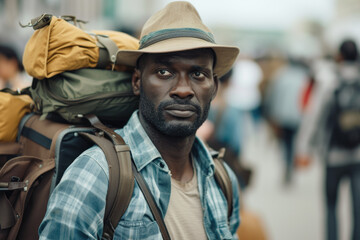 Fototapeta na wymiar portrait of ethnic man loaded with luggage surrounded by people going for a journey or migration