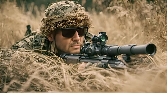 A covert special forces sniper, concealed and lying in wait with his precision rifle