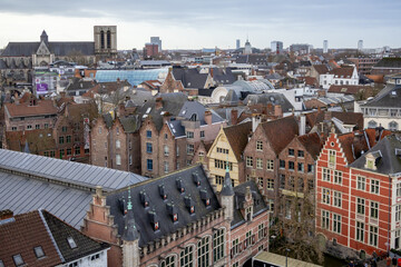 Beautiful medieval city skyline view of the village building architecture in Brugge Flanders Belgium on a cloudy day