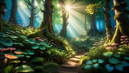 Fairy Forest. Enchanted. Magical. Woodland. Fantasy. Fairytale. Mystical. Whimsical. Nature. Greenery. Scenic. Fairyland. Forest Glade. Ethereal. Wooded Realm. AI Generated.