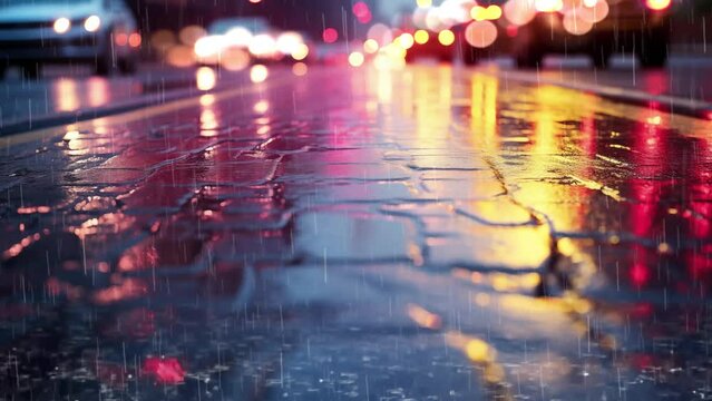 cars driving on wet road in the rain and colored light. seamless looping overlay 4k virtual video animation background 