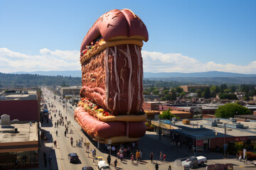 a giant monstrous hotdog rampaging through downtown Newberg Oregon