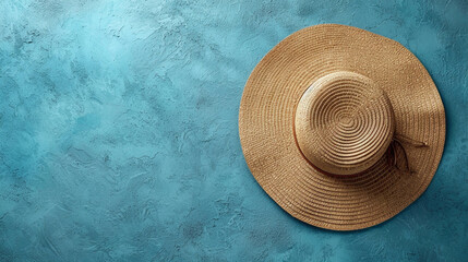 Fototapeta na wymiar Straw Hat on Blue Background