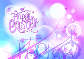 Happy Easter lettering card or poster vector template with fantasy butterflies, flowers and bokeh lights