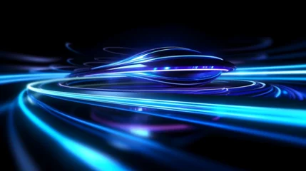 Foto op Plexiglas Abstract blue high-speed light tail lines, floating aqua blue neon laser light lines, modern background © Marc