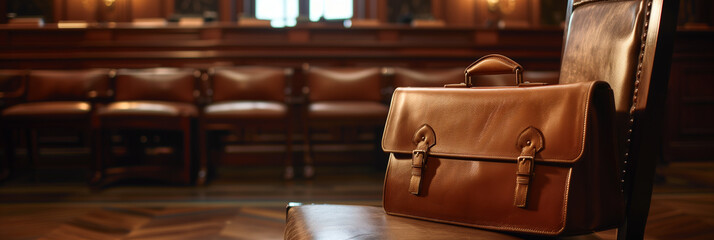Elegant leather briefcase on a polished wooden bench in a professional courtroom setting, symbolizing legal, business, or corporate concepts, background with a place for text