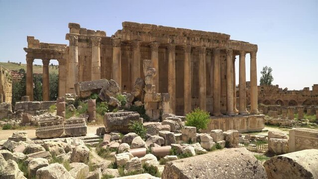 Captivating footage of the Temple of Bacchus, an ancient Roman structure located in archaeological complex in Baalbek, modern Lebanon