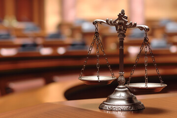 Ornate bronze scales of justice on wooden desk in courtroom, symbolizing legal system fairness and judiciary concept, background with a place for text