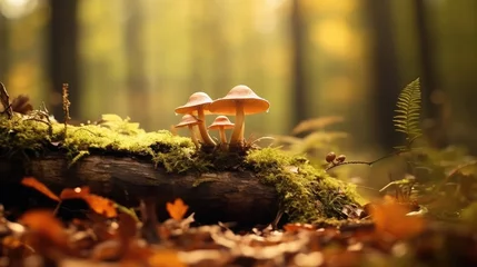 Foto op Canvas Idyllic autumn scene in the forest. Close-up of small fungus growing out of the dry leaves. © kashif 2158