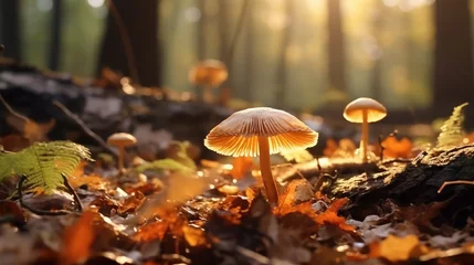 Tuinposter Idyllic autumn scene in the forest. Close-up of small fungus growing out of the dry leaves. © kashif 2158