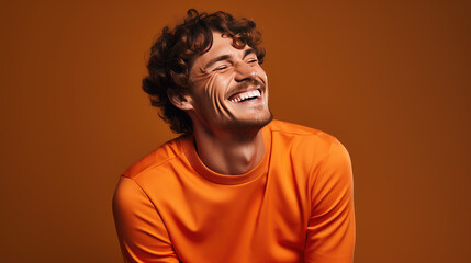 Adventure's Smile Enthusiastic Man in Orange Ready for Fun