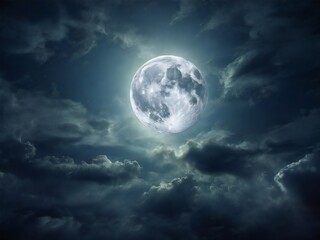 Fototapeta na wymiar full moon behind the clouds. horror style illustration, mystical. background for poster, banner, web, social media. ai generative design