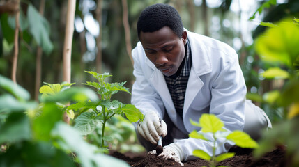 Focused African agronomist in lab coat examining young plants in greenhouse for sustainable agriculture, background with a place for text