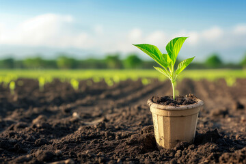 Young plant in a biodegradable pot on fertile soil, concept of sustainable agriculture and Earth Day, background with a place for text