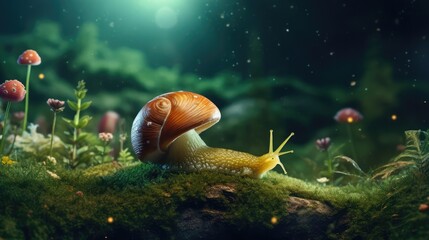 Fototapeta na wymiar Snail crawling to mushroom in green moss, dark woodland. Fantasy forest with slug and glowing mushroom. Small wonder world, summer dreams illustration for wallpaper