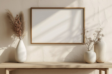 Wooden Poster Frame Mockup elegance in every detail, complemented by wall decor a vase with plants and leaves, wooden frame incorporates botanical accents, bathed in sunlight from the window 
