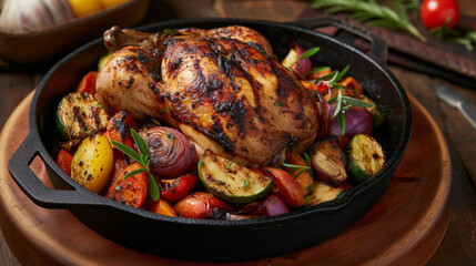 A rustic and hearty dish of open hearth grilled chicken with its signature grill marks and smoky flavors. Paired with a vibrant mix of roasted vegetables for a burst of color