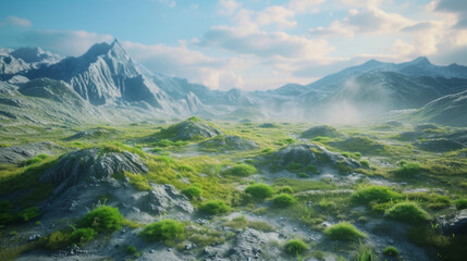 Fototapeta premium A terraformed world still in its early stages of transformation shows signs of progress with patches of greenery sprouting up amidst the barren mountains and valleys. The