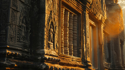 The shadowy outline of an ancient temple its intricate carvings coming to life in the backlight.