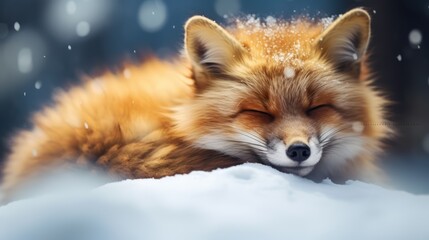 A Brown Fox is sleeping on the snow. Fox family with overly hungry faces in fox village, abstract background. beautiful scenery, perfection.