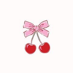Hand drawn pink bow with cute cherry vector