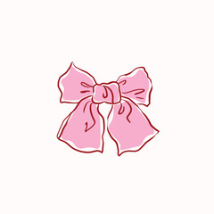Hand drawn large pink ribbon bow,vintage style,chiffon bow clips vector. Coquette soft style