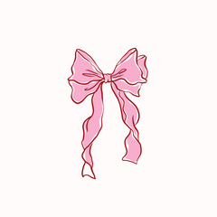 Hand drawn large pink ribbon bow,vintage style,chiffon bow clips vector. Coquette soft style