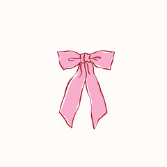 Hand drawn large pink ribbon bow,vintage style,chiffon bow clips vector. Coquette soft style