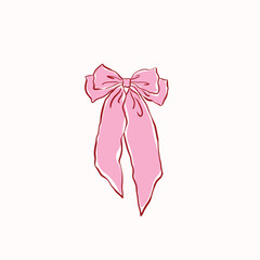 Hand drawn large pink ribbon bow,vintage style,chiffon bow clips vector. Coquette soft style