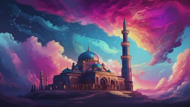 animated illustration of a magnificent mosque with backdrop of wavy, vibrant colored clouds