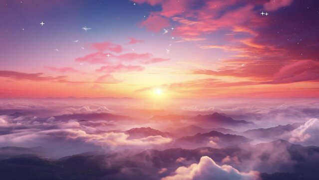 sunset sky over clouds landscape travel serene tranquil. beautiful nature background with sky and clouds. seamless looping overlay 4k virtual video animation background 