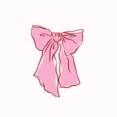 Hand drawn large pink ribbon bow,vintage style,chiffon bow clips vector. Coquette soft style