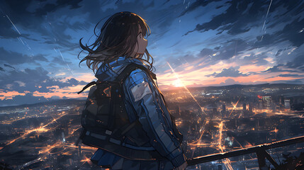 alone anime girl standing on building rooftop watching the city sky scrapers during night sky - obrazy, fototapety, plakaty