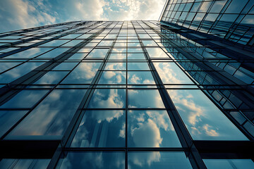 glass facade of a modern office building against a blue sky