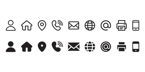 Contact information icon set in line style. Business card, Home, Phone, Location, Address, Website, mail, fax, user simple black style symbol sign for apps and website, vector illustration.