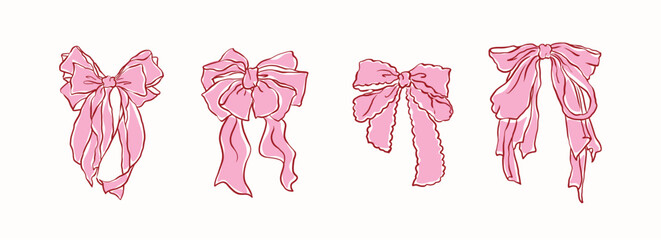 Hand drawn large pink ribbon bow collection, ,vintage style,chiffon bow clips vector. Coquette soft style