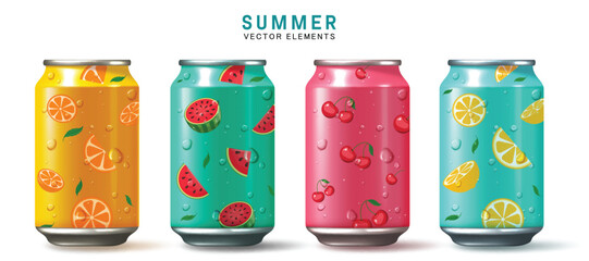 Summer soda cola vector set design. Summer tropical soft drinks in can with orange, lemon, cherry and watermelon flavor cold refreshment collection. Vector illustration summer soda juice collection. 
