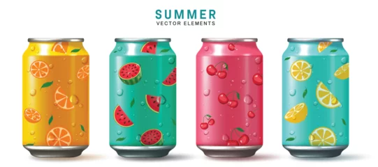 Foto op Plexiglas Summer soda cola vector set design. Summer tropical soft drinks in can with orange, lemon, cherry and watermelon flavor cold refreshment collection. Vector illustration summer soda juice collection.   © ZeinousGDS