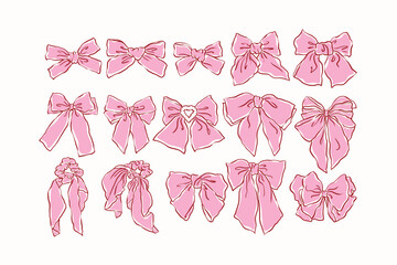Hand drawn large pink ribbon bow collection, ,vintage style,chiffon bow clips vector. Coquette soft style