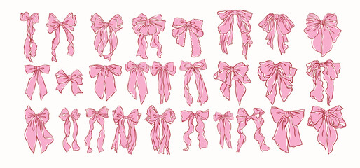Hand drawn large pink ribbon bow collection, ,vintage style,chiffon bow clips vector. Coquette soft style