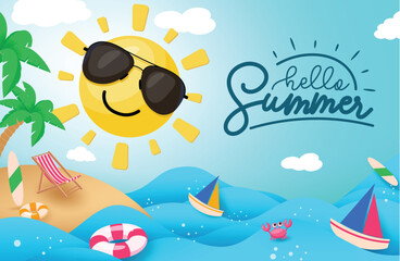 Hello summer greeting vector design. Summer hello greeting text with happy spilling sun in beach wave ocean and blue sky background. Vector illustration summer tropical concept.
