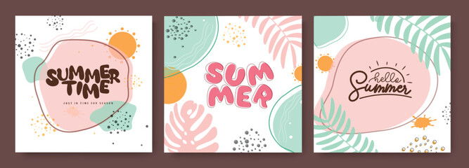 Summer time abstract vector poster set. Summer hello greeting text with tropical leaves and plants decoration elements for seasonal template collection. Vector illustration summer greeting design.  © Zeinous