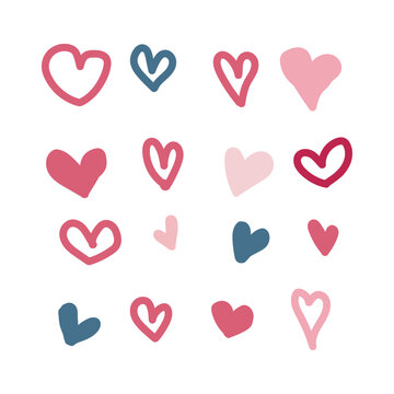 Heart Hand Drawn. Set of love icon colorful hearts scribble. Hand-drawn cartoon cute doodle design isolated on white background. Collection for Valentine decorative. Vector illustration.