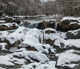 Ice and Snow on Little Pigeon River in Great Smoky Mountains - 729741456