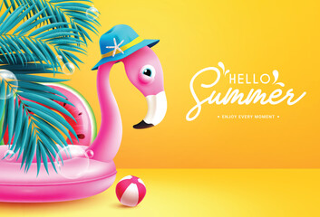 Summer hello greeting vector design. Hello summer text with pink flamingo and watermelon floaters beach elements in yellow background. Vector illustration summer greeting design.
