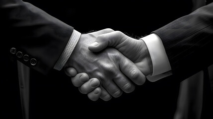 Sealing the Deal,Black and white image of two businessmen shaking hands over black background.